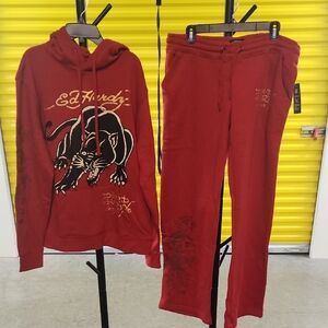 Ed Hardy Red Hoodie and Sweatpants Set